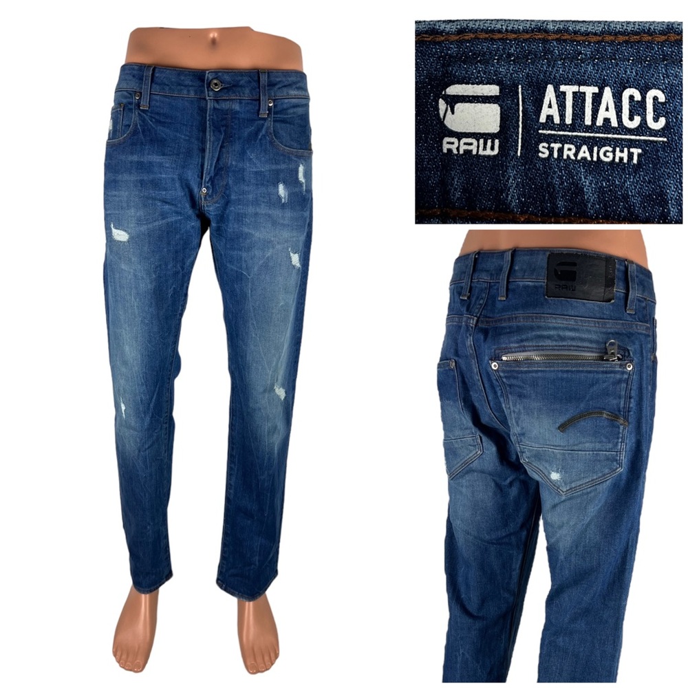 G Star Raw Attacc Mens 35 x 32 (actual) Jeans Straight Distressed Button Fly